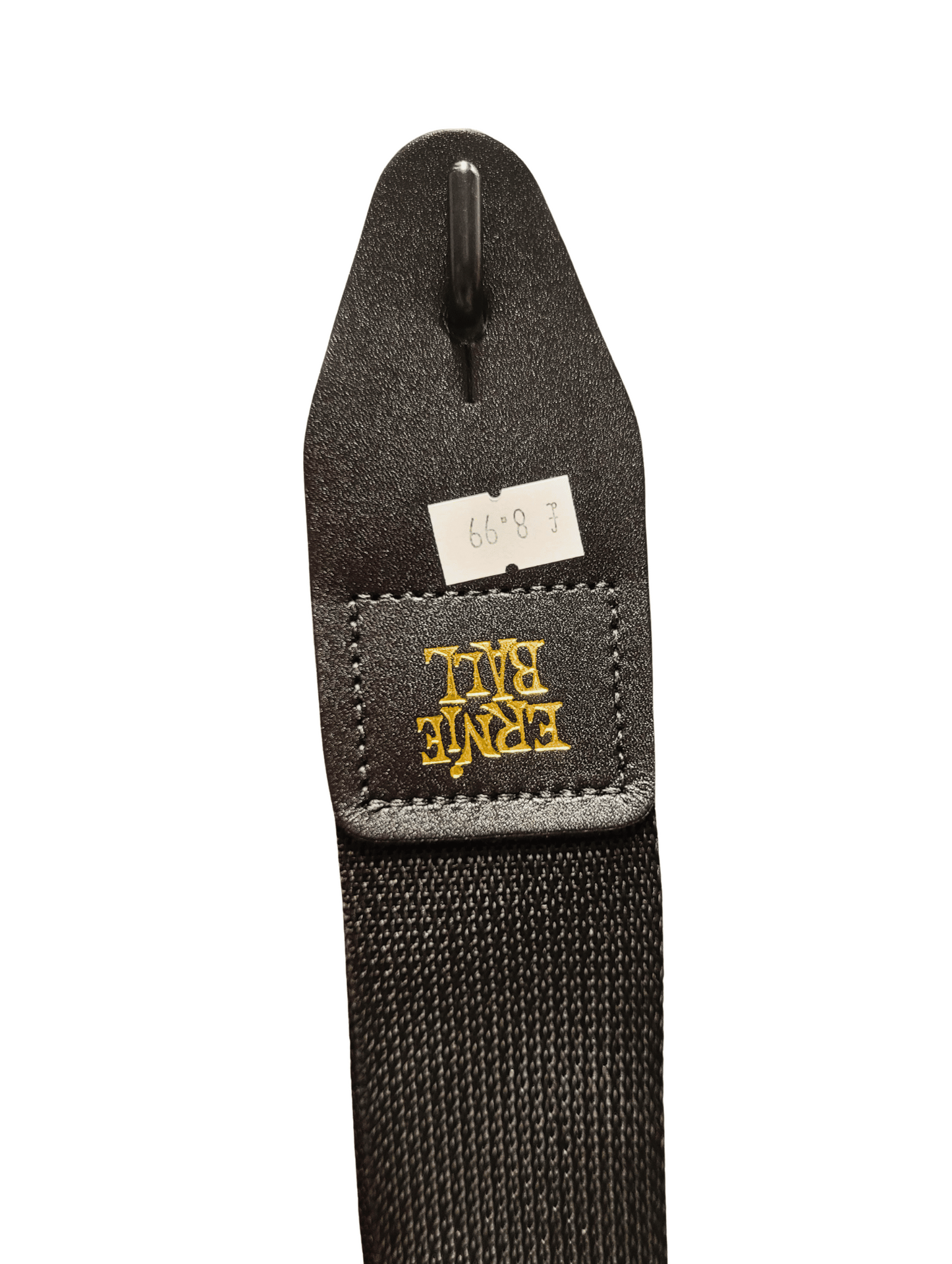 Black guitar strap with ernie ballon a white background