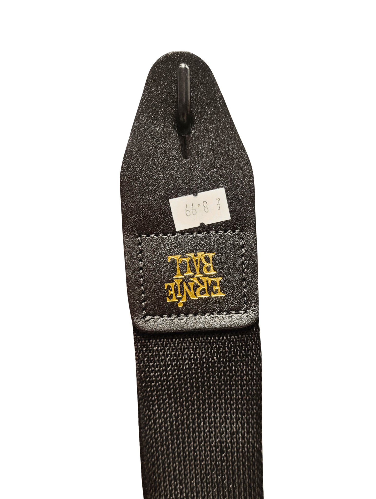 Black guitar strap with ernie ballon a white background