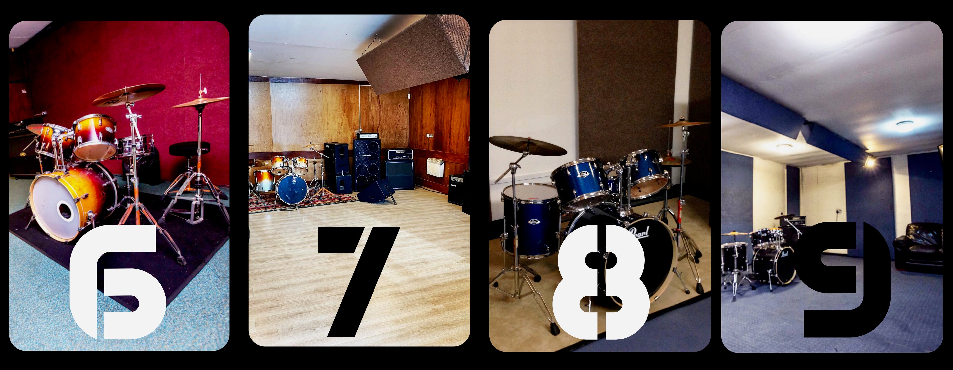 Rehearsal studios 6 7 8 and 9 with drums and amps